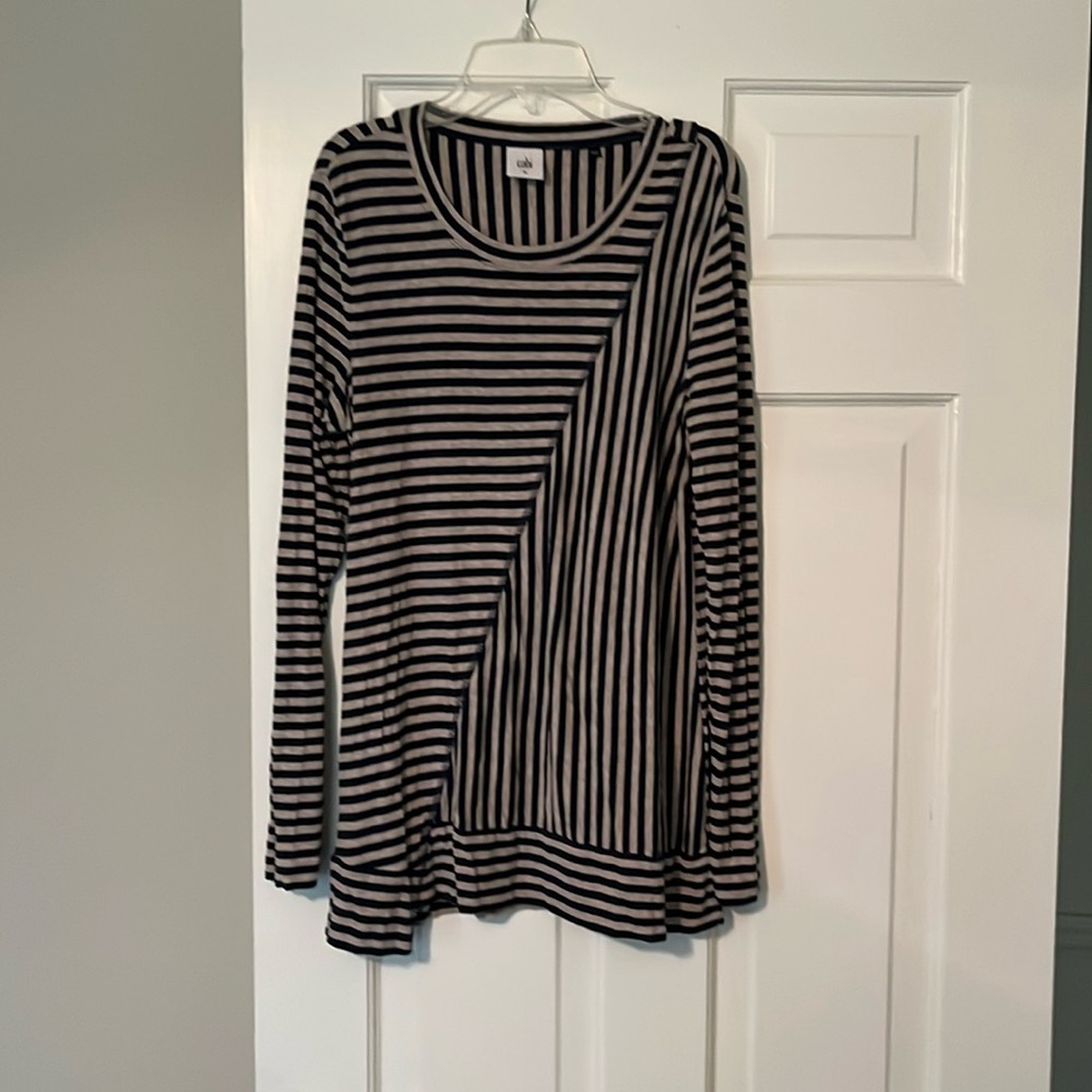 Cabi #3228 Ernest Knit Tee Navy Blue Oatmeal Stripe Long Sleeve Top Sz M
